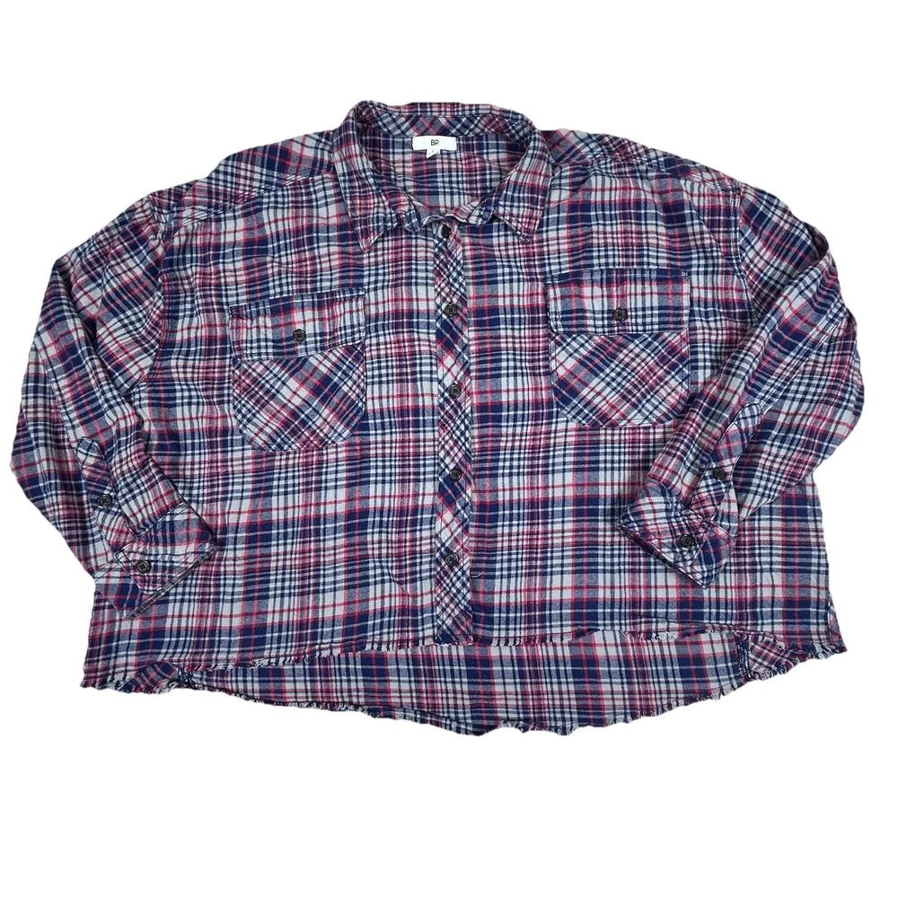 BP.  Womens Navy Vivian Plaid Frayed Hem Crop Shirt Top L Long Sleeve Pockets